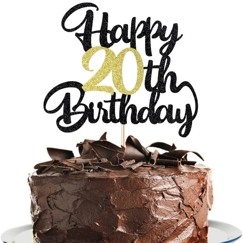 Klionjor 1 PC Happy 20th Birthday Cake Topper Black Gold Glitter Cheers to 20 Yr
